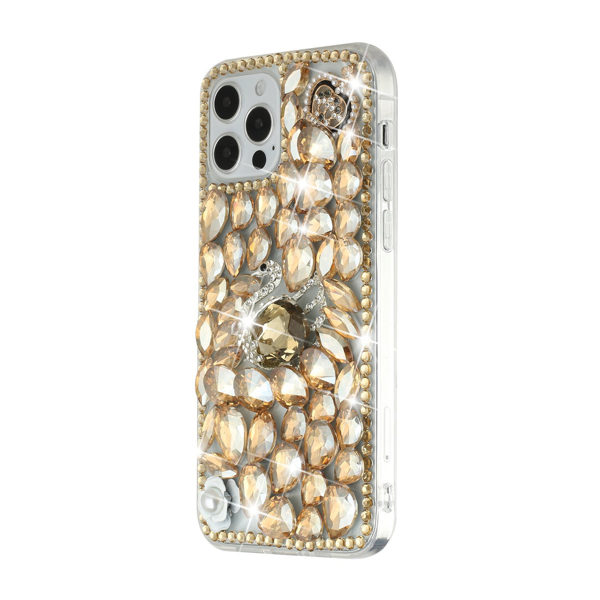 Phone Case for Apple iPhone 15 Pro Max Luxury Full Diamond Glitter 3D Floral Ornament Hybrid Shockproof Stylish Rhinestone Designer Protective Elegant Cover Gold