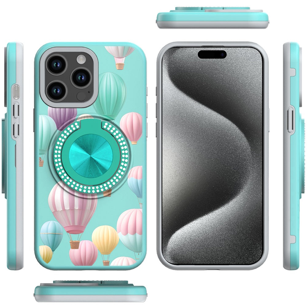 For Apple iPhone 15 Pro Max Pattern Design Hybrid with Invisible Ring Stand & Magnetic Back, Shockproof Protective Grip Case Cover