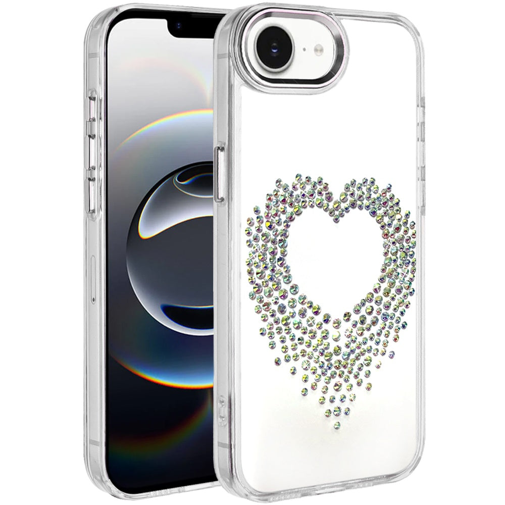 For Apple iPhone 17E /16E Angel Hearts Bling Glitter Diamond Hybrid TPU Cover, Colorful Frame Shockproof Protective Back Case Cover Silver