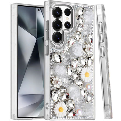 Phone Case for Samsung Galaxy S24 Ultra Full Bling Rhinestone Glitter Floral Luxury Hybrid Shockproof Stylish Sparkling Protective Designer Ornament Cover