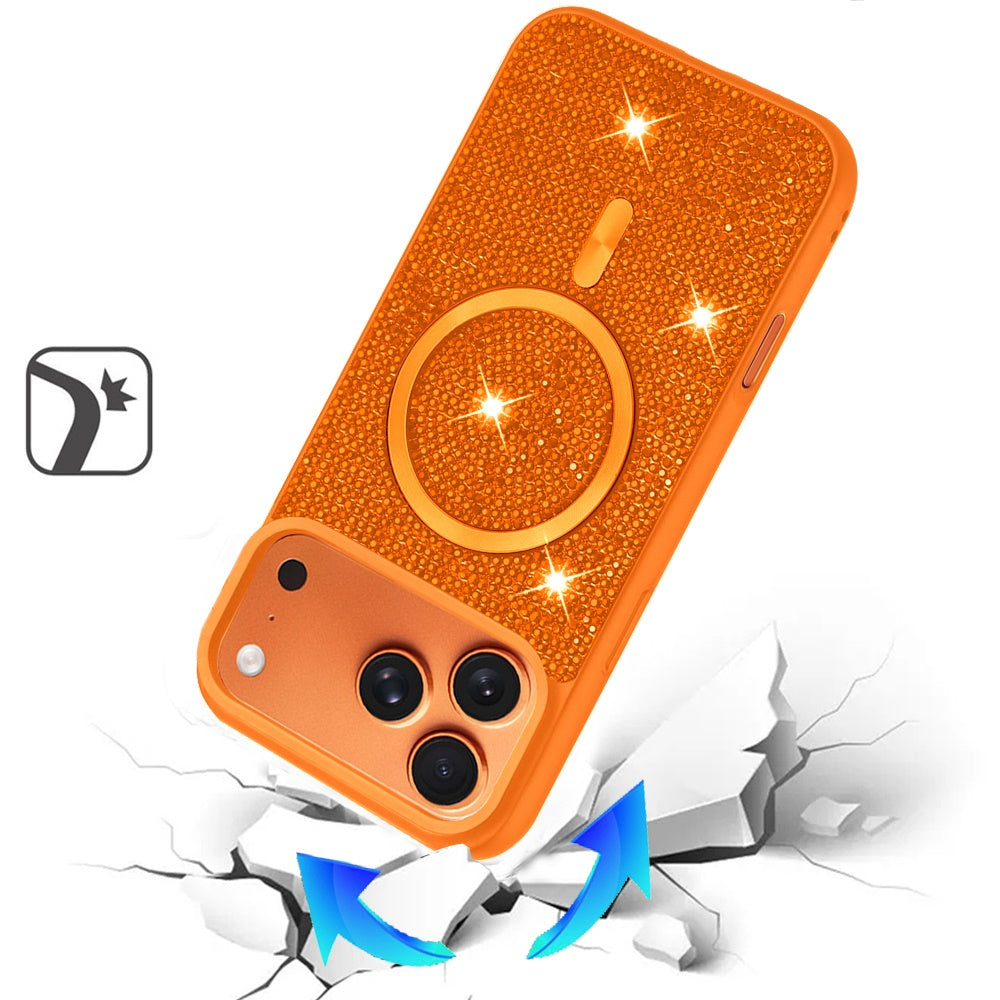 Phone Case for Apple iPhone 17 Pro Magnetic Bling Diamond Sparkle Hybrid Shockproof Rugged Grip Durable Protection Anti-Slip Armor Design Cover Cosmic Orange