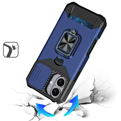 For Apple iPhone 17 (6.3") Wallet Case with Ring Stand & Slide Camera Cover Back Credit Card Slot Holder, Military Grade Case Cover