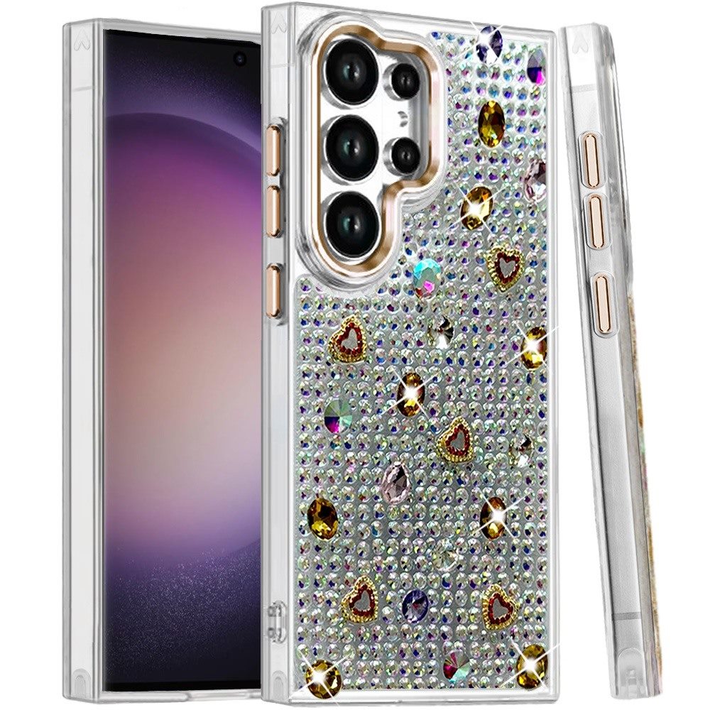 Phone Case for Samsung Galaxy S23 Ultra Chrome Fashion Hybrid Bling Diamond Heart Rhinestone Decorative Stones Sparkling Embellished Design Cover