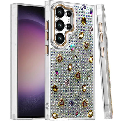 Phone Case for Samsung Galaxy S23 Ultra Chrome Fashion Hybrid Bling Diamond Heart Rhinestone Decorative Stones Sparkling Embellished Design Cover