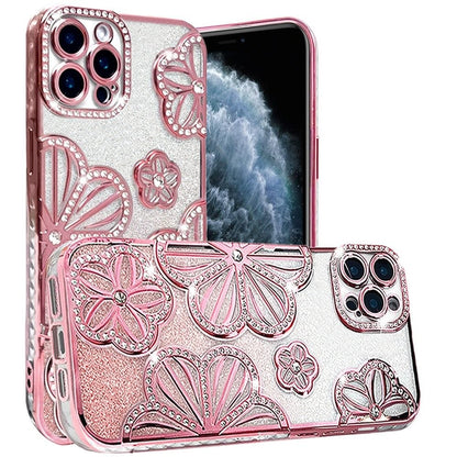 For Apple iPhone 11 Pro Max Luxury Flower Design Sparkle Glitter Diamond Rhinestone Shimmer Bling Plating Thick TPU Hard PC Case Cover