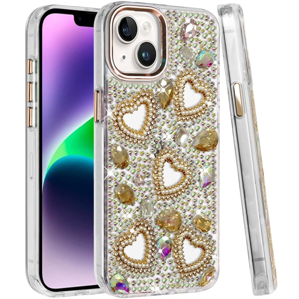 Phone Case for Apple iPhone 14 Luxury Crystal Heart Rhinestone Diamond Bling Shockproof Hybrid Glitter Protective Stylish Durable Grip Cover