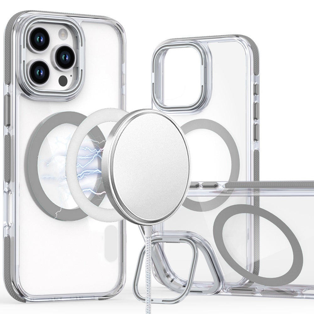 For Apple iPhone 16 (6.1") Hybrid Clear Back Invisible Camera Bracket Stand [With Magsafe Magnetic Circle] Shockproof Color Frame Case Cover