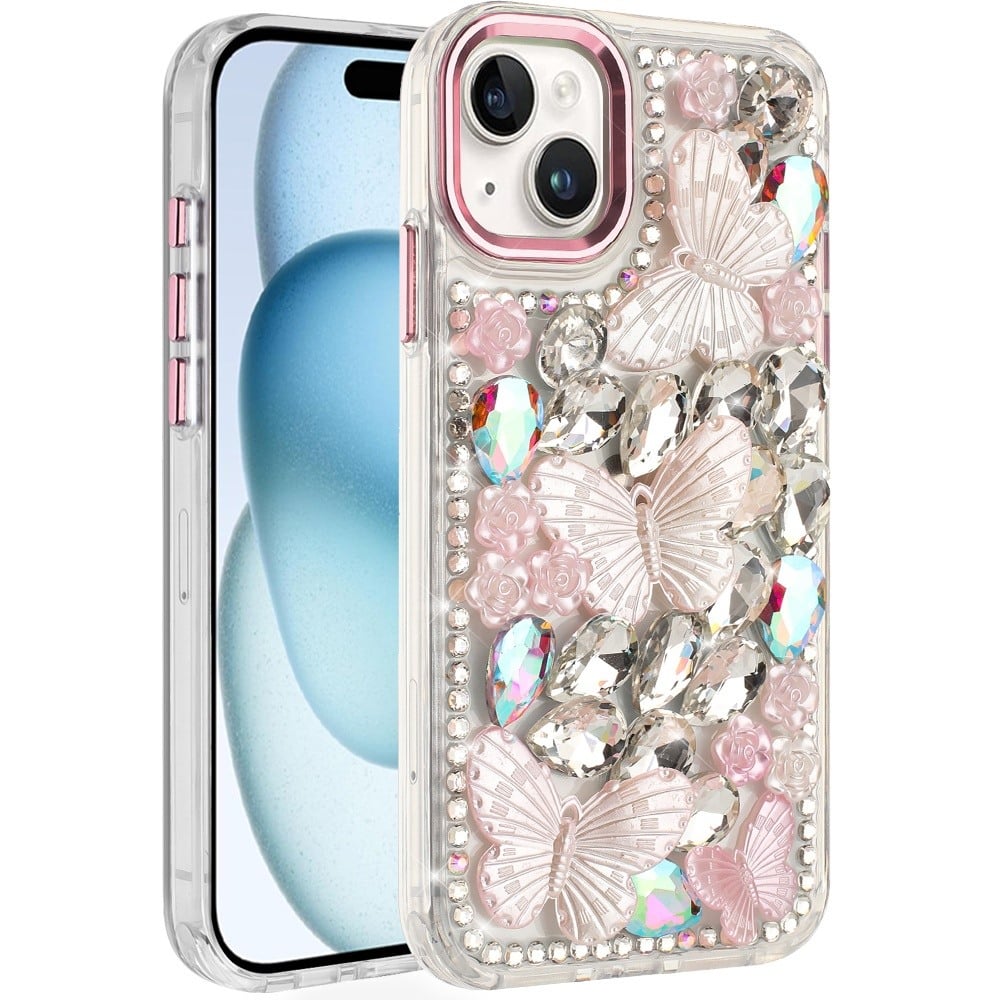 Phone Case for iPhone 15 Plus (6.7") Luxury 3D Floral Butterfly Bling Rhinestone Glitter Shockproof Stylish Protective Hybrid Designer Metallic Cover