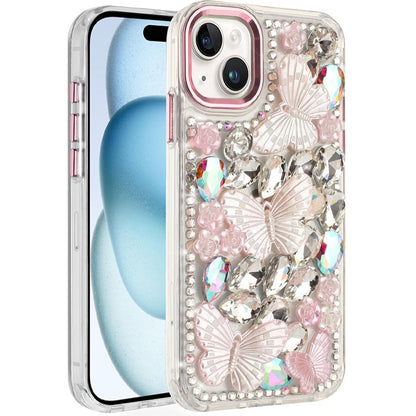 Phone Case for iPhone 15 Plus (6.7") Luxury 3D Floral Butterfly Bling Rhinestone Glitter Shockproof Stylish Protective Hybrid Designer Metallic Cover