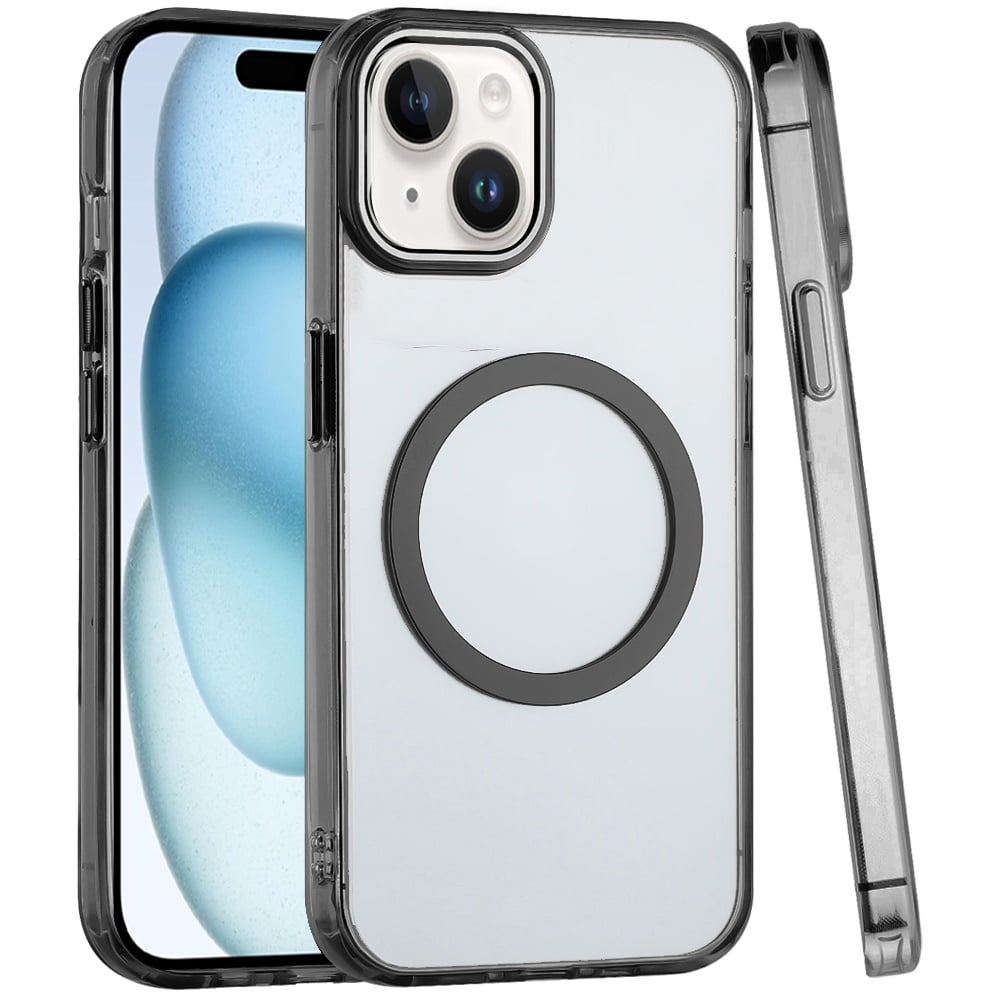 For iPhone 15 Plus (6.7") Transparent Back Hybrid Case - Magnetic Circle, Color Frame, Metal Buttons, MagSafe Compatible Case Cover Black