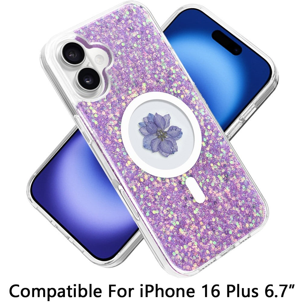 For Apple iPhone 16 Plus MagSafe Compatible Glitter Flower Epoxy Hybrid Slim TPU Case, Magnetic Circle Design, Sparkly Bling Protective Case Cover Gold