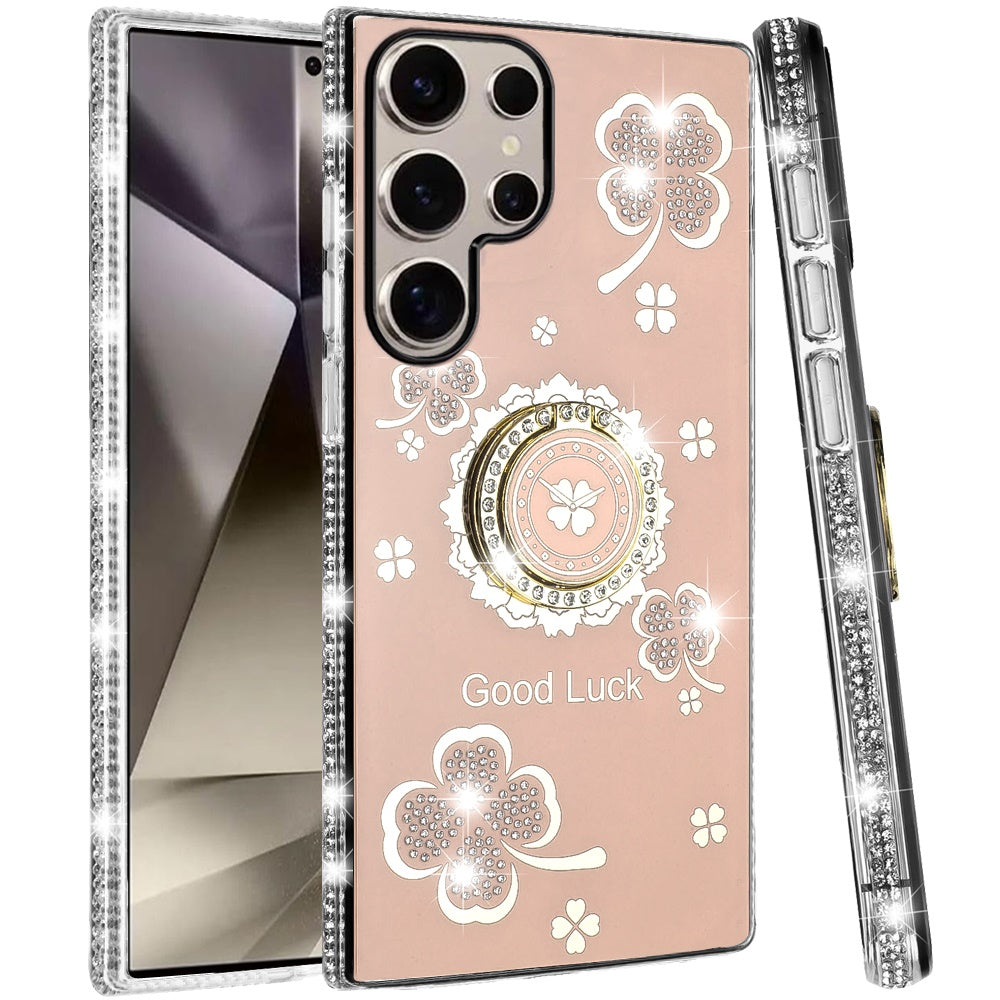 For Samsung Galaxy S25 Ultra Diamonds Bling All Around Edges Sparkly Glitter Hybrid with Ring Stand Holder Fashion Good Luck Case Cover Cosmic Orange