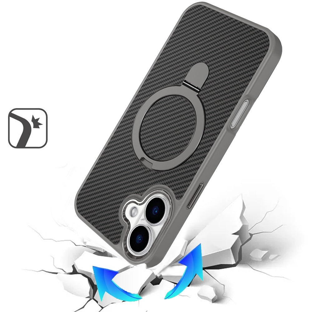 For Apple iPhone 17 (6.3") Hybrid Carbon Fiber Design with MagSafe Compatible [Magnetic Circle], Ring Stand Shockproof Slim TPU Case Cover