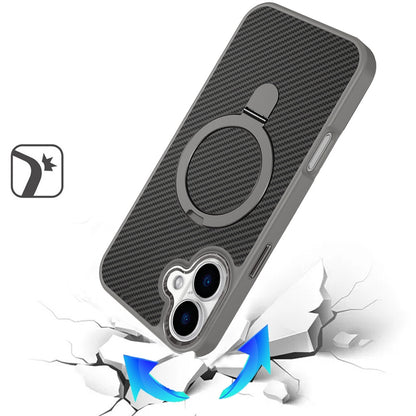 For Apple iPhone 17 (6.3") Hybrid Carbon Fiber Design with MagSafe Compatible [Magnetic Circle], Ring Stand Shockproof Slim TPU Case Cover