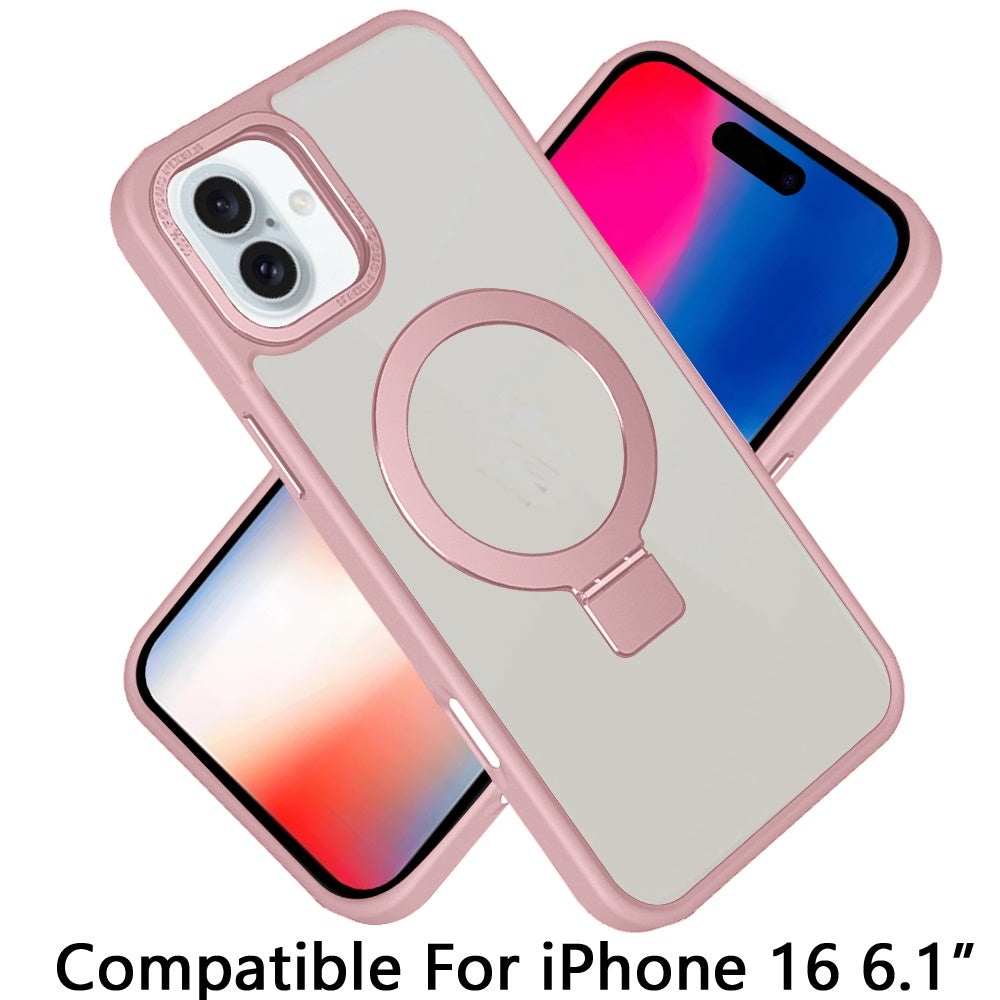 For Apple iPhone 16 (6.1") Magnetic Metal Matte Built-in Compatible with MagSafe Stand Hybrid Shock Armor TPU Case Cover Pink