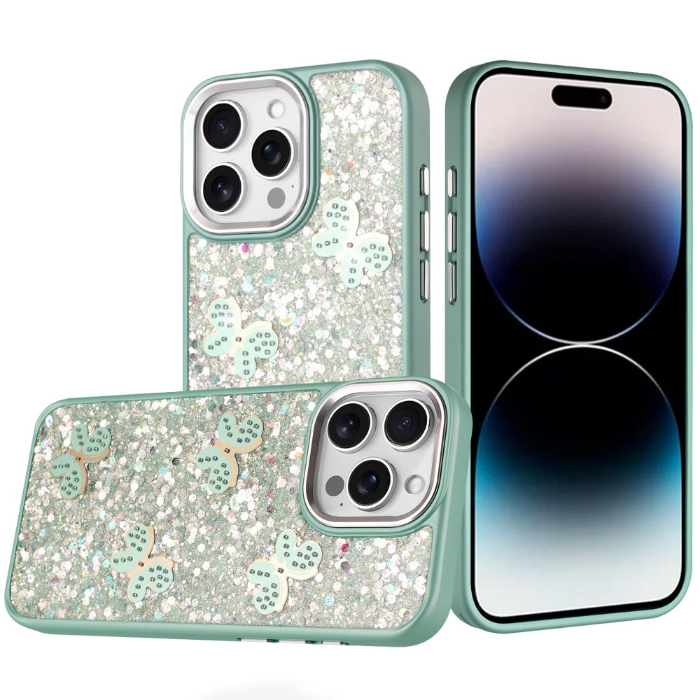 For iPhone 14 Pro Max (6.7") Cute Butterfly Crystal Diamond Glitter Case Sparkle Bling Frame Metallic Edges, Shimmer TPU Hybrid Case Cover