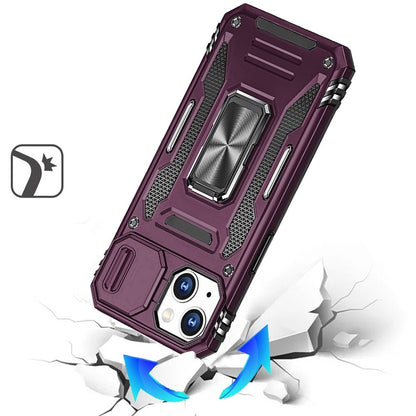 Phone Case for Apple iPhone 14/ iPhone 13 Tough Metal Ring Shockproof Sliding Camera Window Hybrid Armor Rugged Anti Slip Heavy Duty Grip Cover Purple