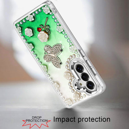 For Samsung Galaxy S25 FE, S25 Fan Edition Bling Fashion Design with 3D Pearls Epoxy Glitter Ornaments Chrome Edge Hard Slim PC Case Cover