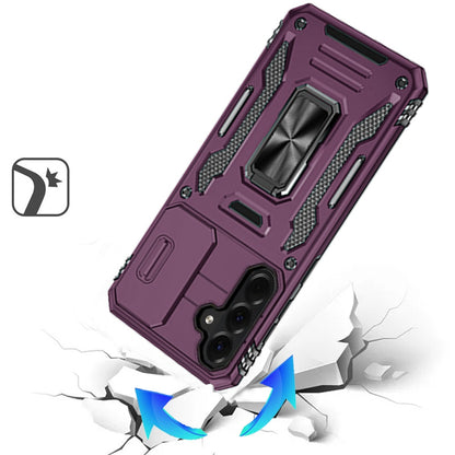 Phone Case for Samsung Galaxy A27 Tough Metal Ring Shockproof Sliding Camera Window Hybrid Armor Rugged Anti Slip Heavy Duty Grip Cover Purple