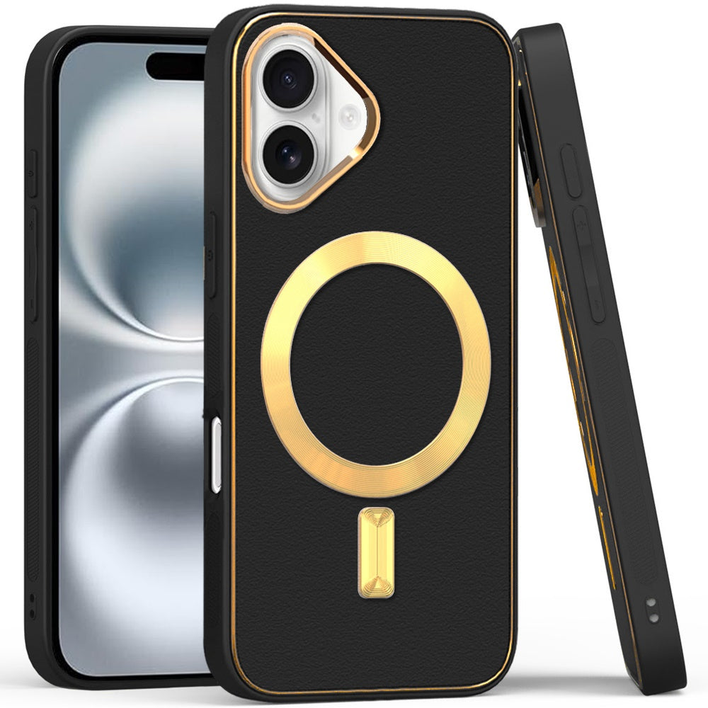 For Apple iPhone 16 Plus (6.7") PU Leather Magnetic Case Slim Protective Cover with MagSafe Compatibility Hard PC Gold Frame Protection Case Cover