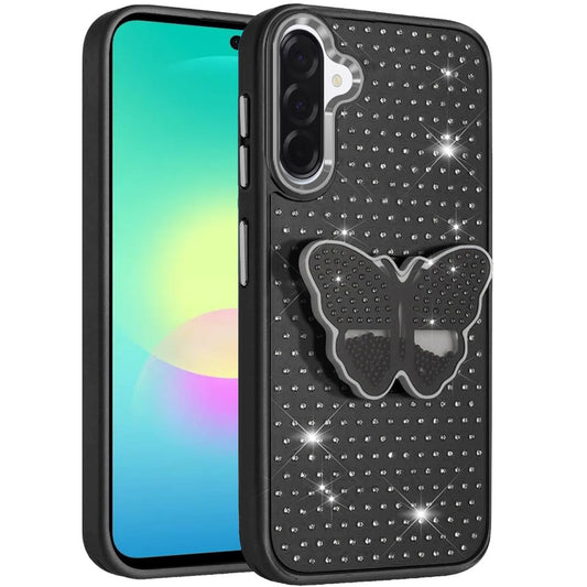 Phone Case for Samsung Galaxy A27 Butterfly Grip Pop Stand Diamond Sparkle Hybrid Shockproof Metal Button Slim Protective Grip Decorative Design Cover