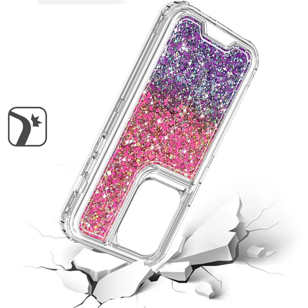 For Samsung Galaxy S23 Ultra Epoxy Bling Glitter Sparkly 3-in-1 Transparent Hybrid Full-Body Shockproof PC Bumper Case Cover Hot Pink+Purple