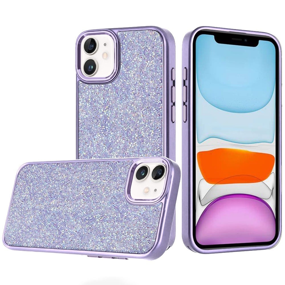 For Apple iPhone 11 Crystal Sparkle Diamond Glass Full Mini Glitter Bling Frame TPU Hybrid Protective Case Cover Dark Purple