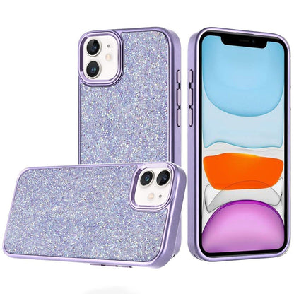 For Apple iPhone 11 Crystal Sparkle Diamond Glass Full Mini Glitter Bling Frame TPU Hybrid Protective Case Cover Dark Purple