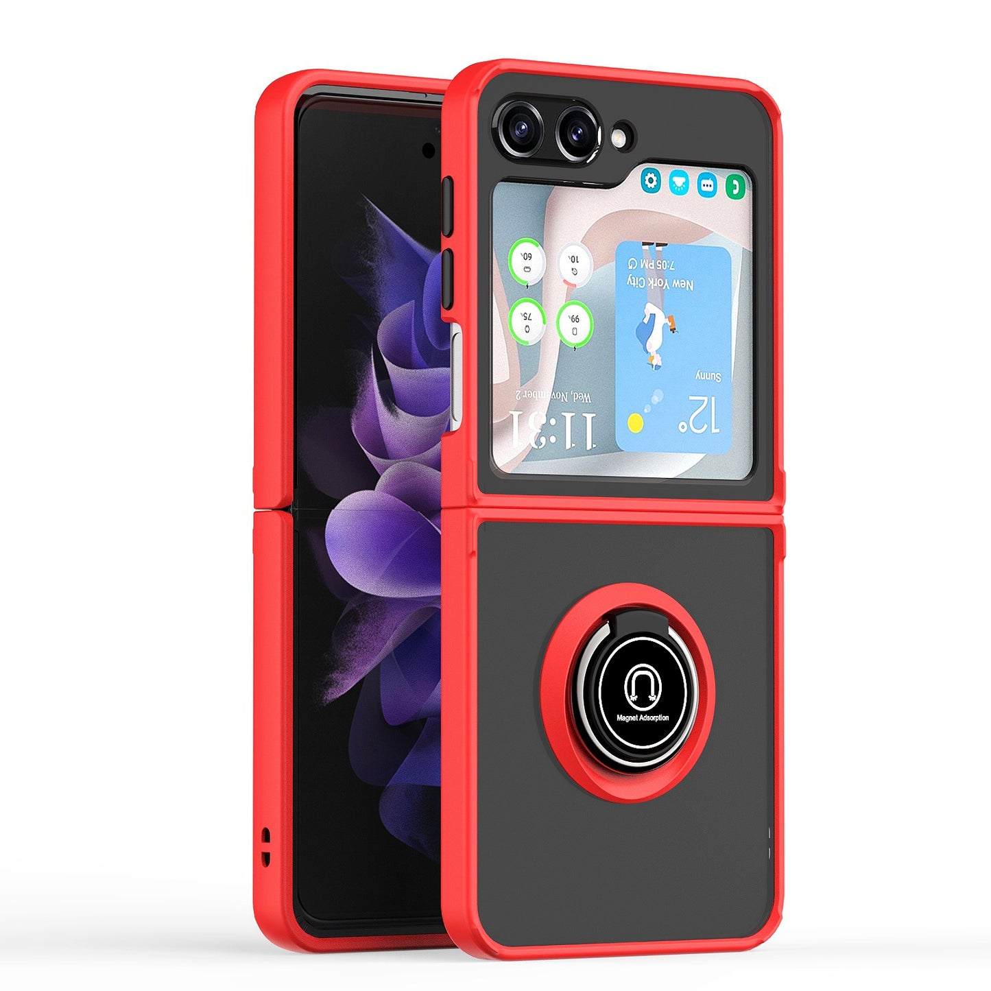 For Samsung Galaxy Z Fold 7 Semi Transparent Matte Hybrid Protective PC & TPU Shockproof with 360° Rotation Ring Stand Case Cover Red