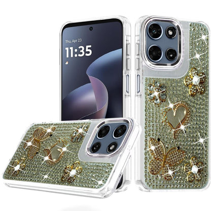 Phone Case for Motorola Moto G Play 5G 2026 Luxury Crystal Butterfly Floral Jeweled Heart Full Diamond Design, Sparkling Decorative Details, Elegant Style Cover Silver