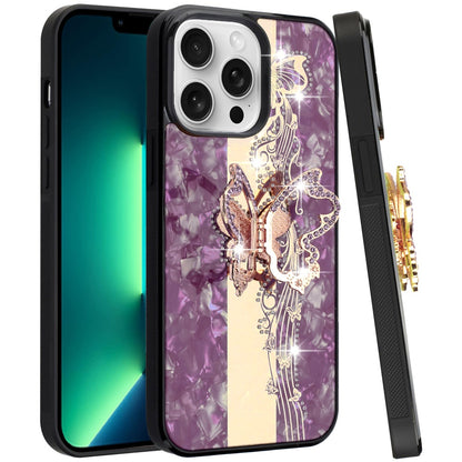 Phone Case for Apple iPhone 13 Pro Max Diamond Glitter Butterfly Engraved Ring Stand Luxury Bling Hybrid Shockproof Chrome Edge Protective Durable Grip Cover Purple