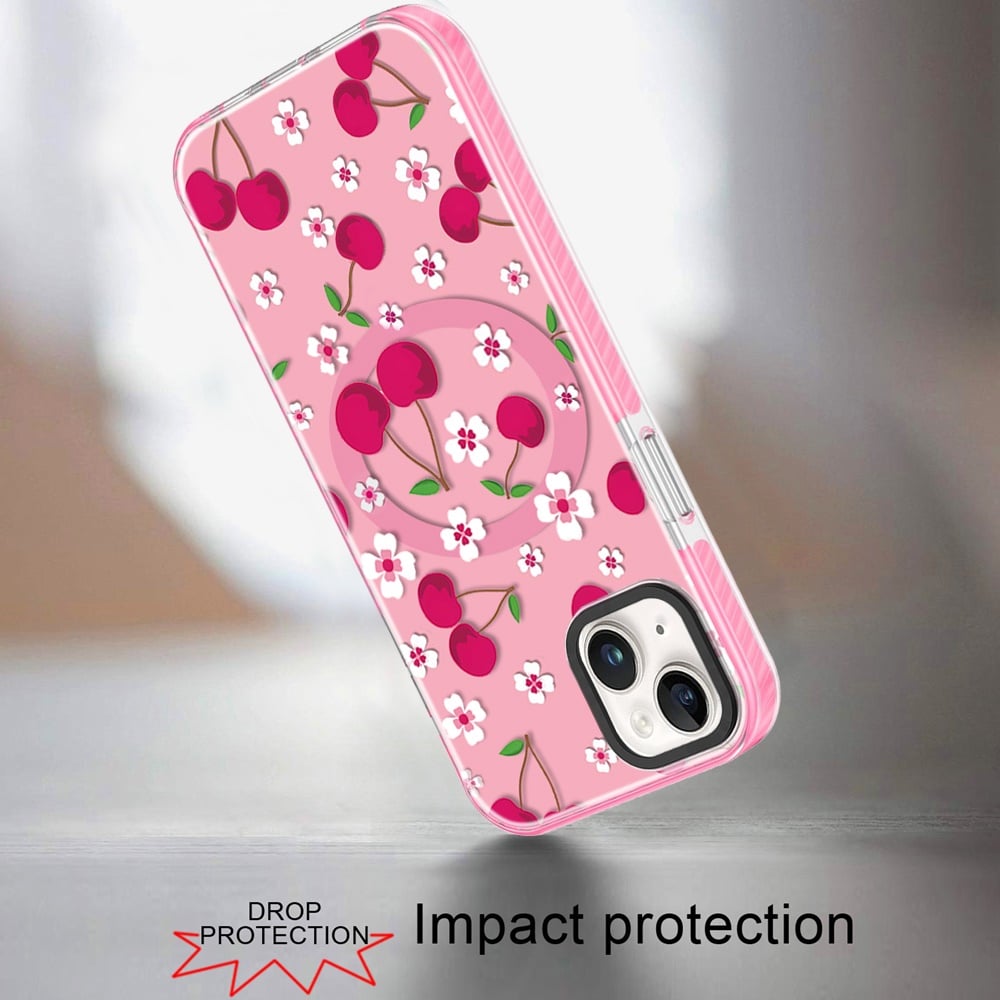Phone Case for iPhone 15 Magnetic Hybrid IMD Floral Compatible with MagSafe Shockproof Slim Hybrid Fashion Design TPU Protective Cover Cherry Sprinkle on Pink