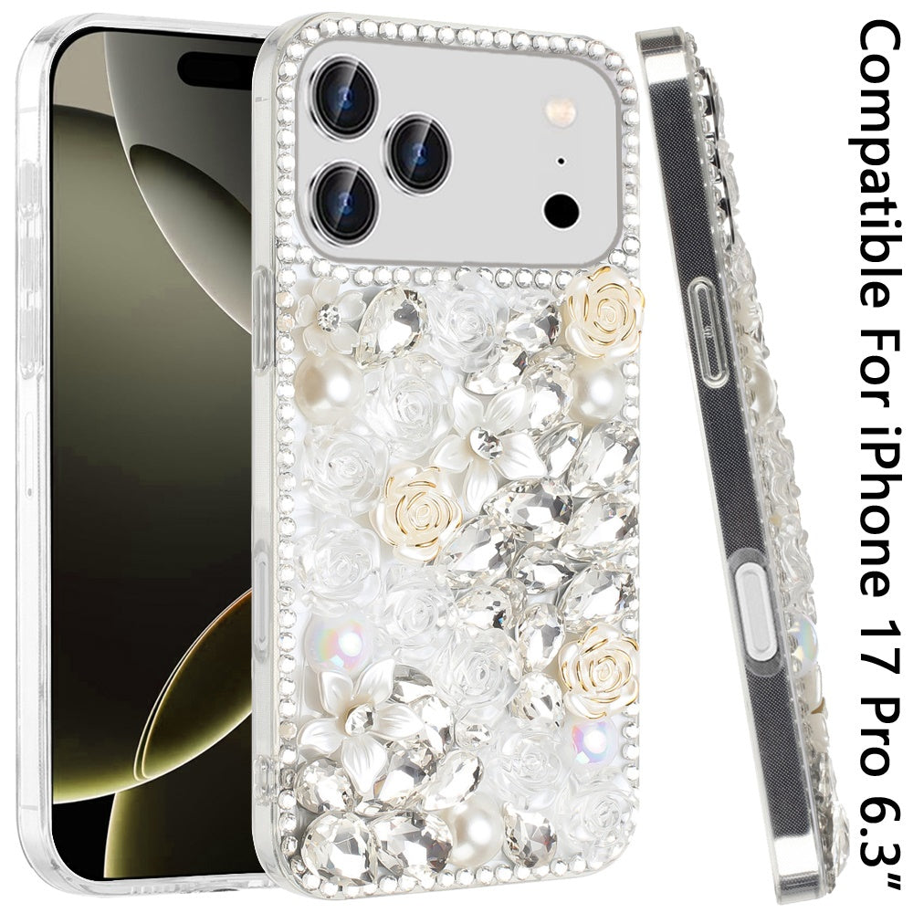 Phone Case for Apple iPhone 17 Pro Rose Flower Full Diamond Bling Rhinestone Glitter Luxury Stylish Sparkle Protective Designer Hybrid Cover