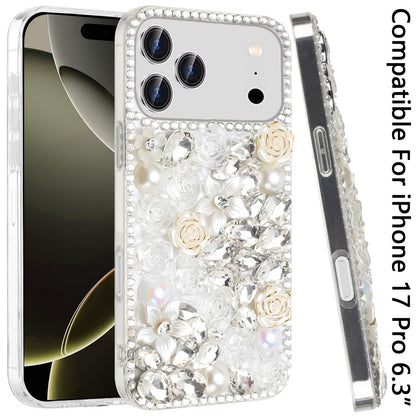 Phone Case for Apple iPhone 17 Pro Rose Flower Full Diamond Bling Rhinestone Glitter Luxury Stylish Sparkle Protective Designer Hybrid Cover