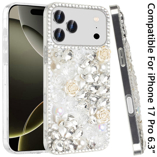 Phone Case for Apple iPhone 17 Pro Rose Flower Full Diamond Bling Rhinestone Glitter Luxury Stylish Sparkle Protective Designer Hybrid Cover