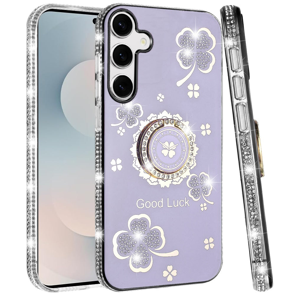 For Samsung Galaxy S26+ / S26 Plus Diamonds Bling All Around Edges Sparkly Glitter Hybrid with Ring Stand Holder Fashion Good Luck Case Cover