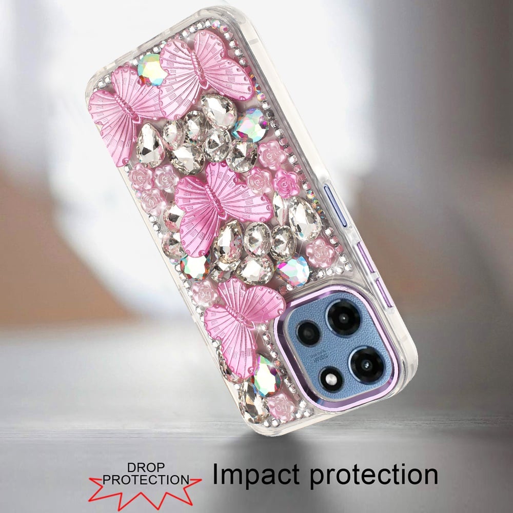 Phone Case for Motorola Moto G 5G 2026 /2025 Luxury 3D Floral Butterfly Bling Rhinestone Glitter Shockproof Stylish Protective Hybrid Designer Metallic Cover Purple