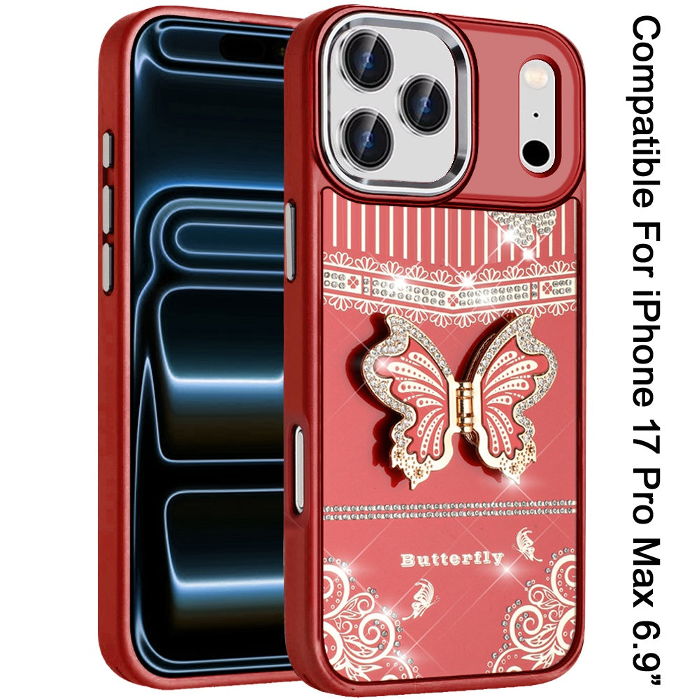 Phone Case for Apple iPhone 17 Pro Max (6.9") Glitter Bling Butterfly Stand Metallic Edge Hybrid Shockproof Grip Durable Camera Protection Stylish Design Cover