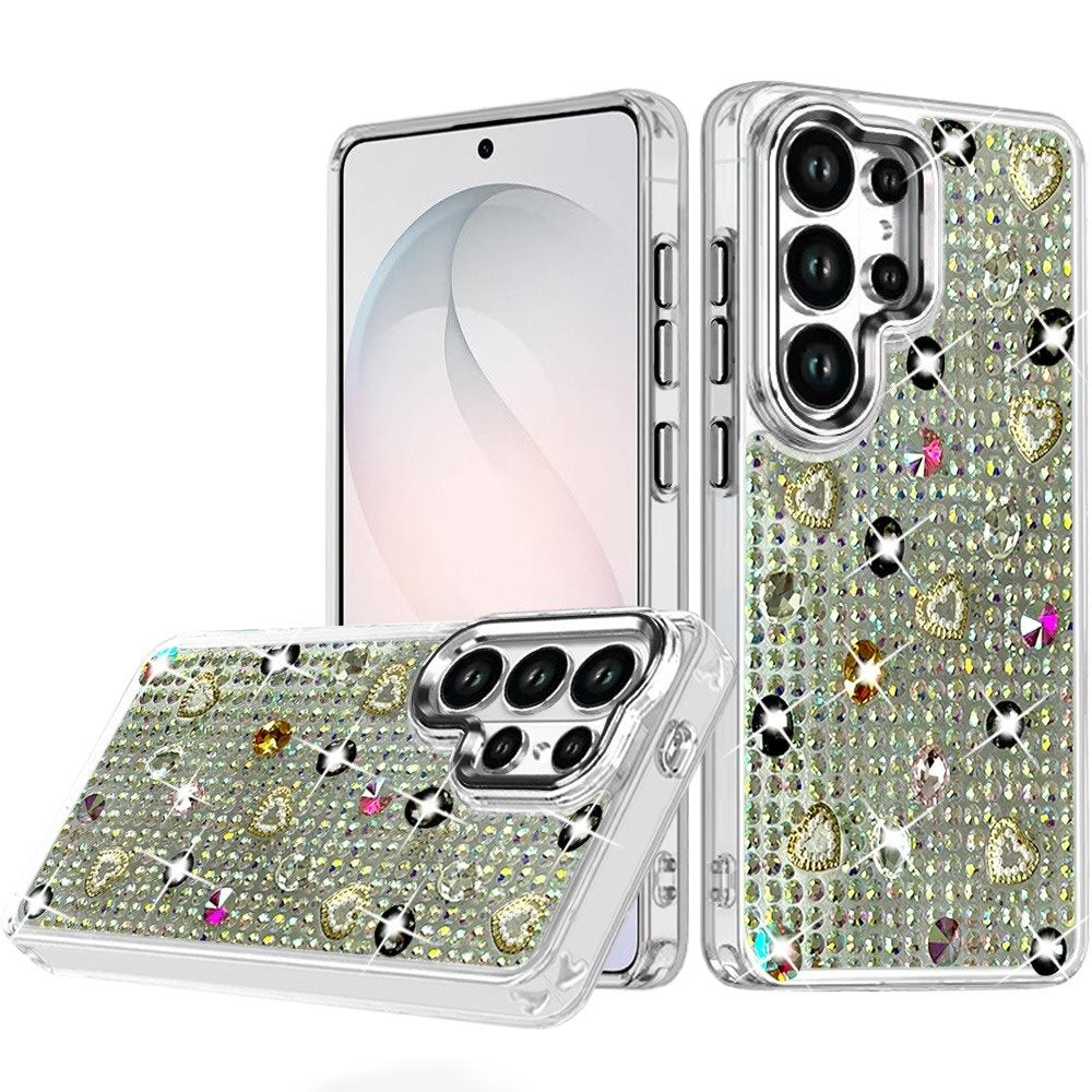 Phone Case for Samsung Galaxy S26 Ultra Chrome Fashion Hybrid Bling Diamond Heart Rhinestone Decorative Stones Sparkling Embellished Design Cover