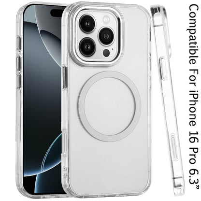 For Apple iPhone 16 Pro Transparent Back Hybrid Case - Magnetic Circle, Color Frame, Metal Buttons, MagSafe Compatible Case Cover