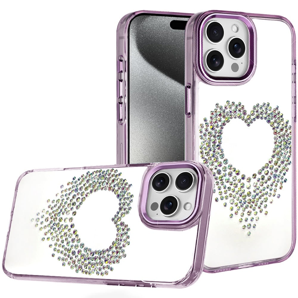 For Apple iPhone 15 Pro Max Angel Hearts Bling Glitter Diamond Hybrid TPU Cover, Colorful Frame Shockproof Protective Back Case Cover