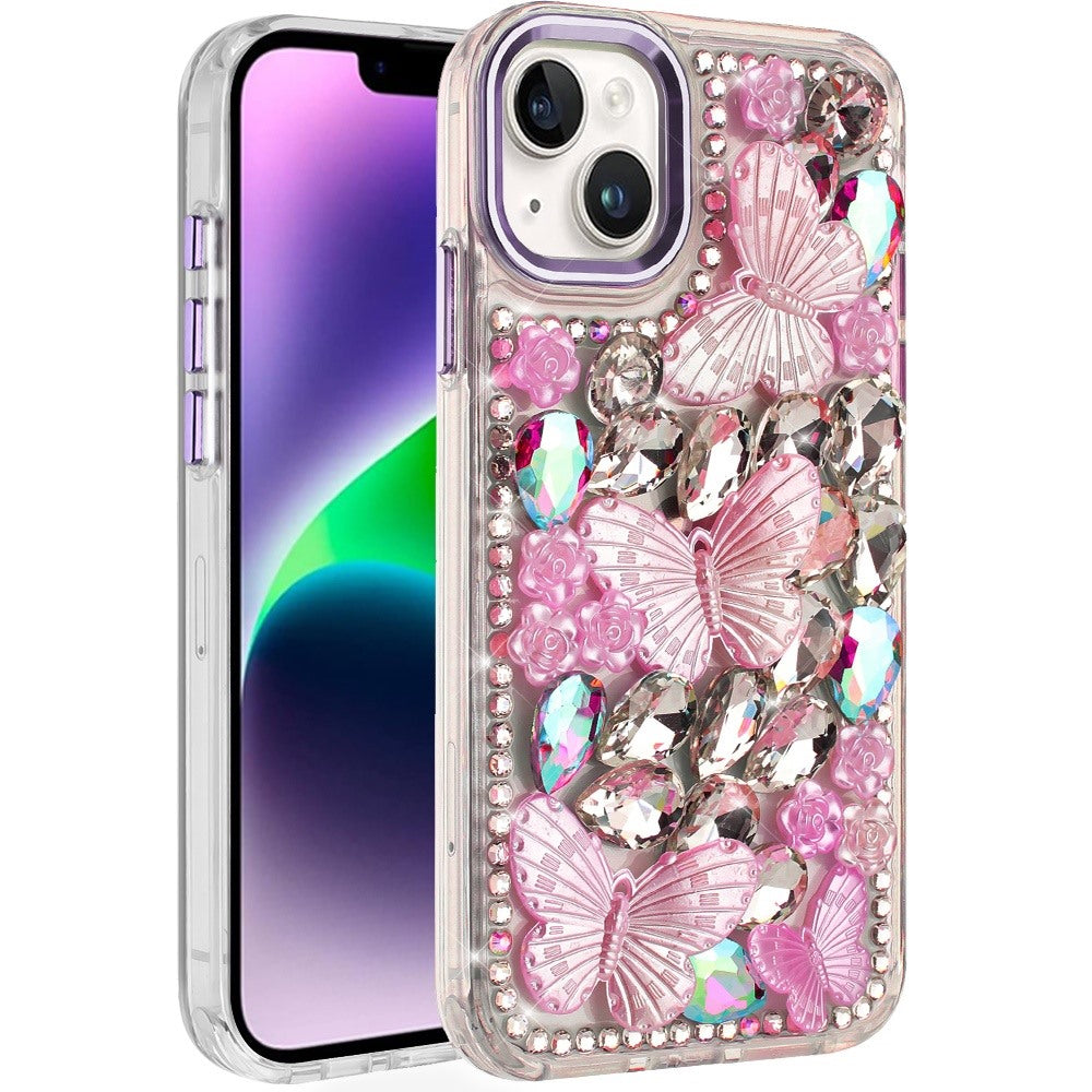 For Apple iPhone 13 Pro Max 3D Diamond Floral Butterfly Bling Stone Hybrid, Sparkly Rhinestone Gemstone Back Shockproof Case Cover