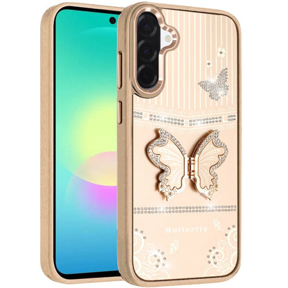 Phone Case for Samsung Galaxy A27 Glitter Bling Butterfly Stand Metallic Edge Hybrid Shockproof Grip Durable Camera Protection Stylish Design Cover