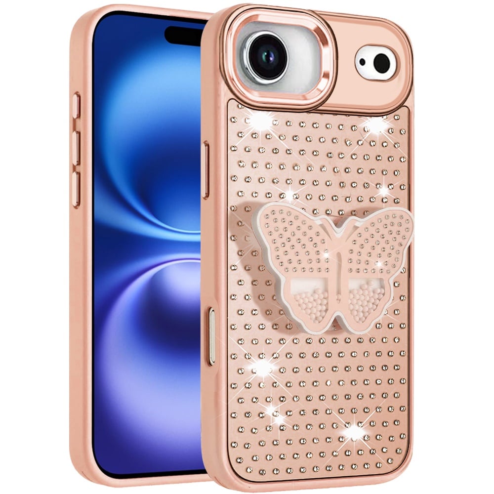 For Apple iPhone 17 Air (6.6") Butterfly Moveable Grip 3D Pop Stand Full Diamond Bling Sparkling TPU Fashion Hybrid Case Cover