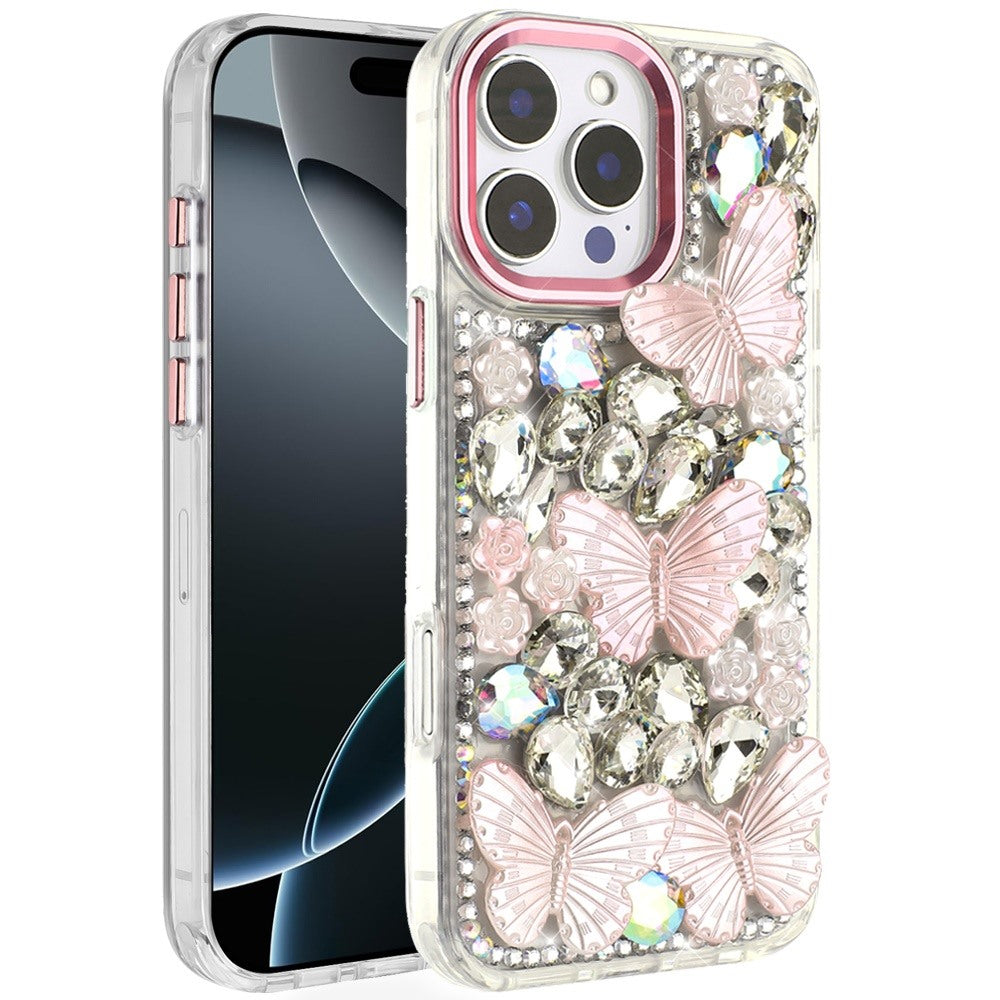 Phone Case for Apple iPhone 16 Pro Luxury 3D Floral Butterfly Bling Rhinestone Glitter Shockproof Stylish Protective Hybrid Designer Metallic Cover