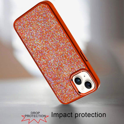 For iPhone 15 Plus (6.7") Crystal Sparkle Diamond Glass Full Mini Glitter Bling Frame TPU Hybrid Protective Case Cover Cosmic Orange