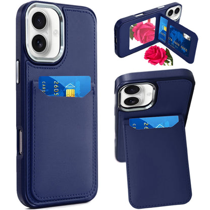 For Apple iPhone 17 (6.3") PU Leather Wallet Cover with Credit Card Holder, Kickstand & Mirror Inside Slim Fit TPU & PC Hybrid Design Case Cover