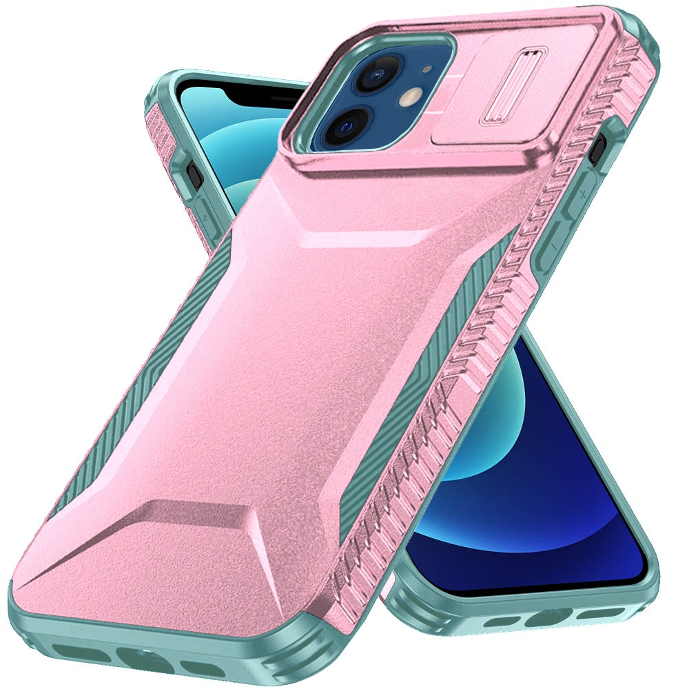 For Apple iPhone 12 /12 Pro Slim Fit Shockproof Hybrid with Slide Camera Window Covering, Rugged Tpu Silicone Hard PC Bumper Case Cover