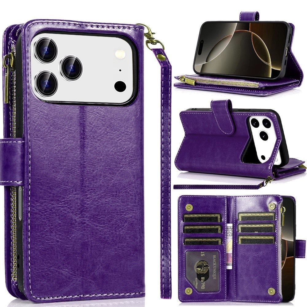 For Apple iPhone 17 Pro Max (6.9") Leather Wallet Case with Zipper, 9 Card Slots, Cash Pocket, Stand & Strap, Clutch Pouch Design Case Cover
