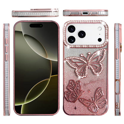 For Apple iPhone 17 Pro (6.3") Luxury Butterfly Sparkle Glitter Diamond Crystal Rhinestone Shimmer Bling Plating Thick TPU Hard PC Case Cover